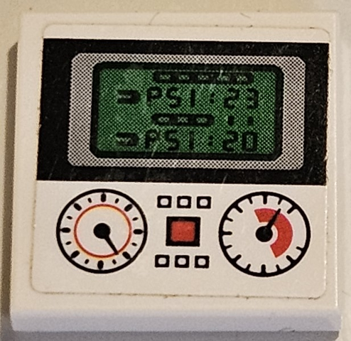 Lego Tile 2 x 2 with Red and Black Gauges, Buttons, 'PSI:23' and 'PSI:20' on Screen Pattern (Sticker) - Set 75883