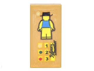 Lego Tile 1 x 2 with Card with Yellow Minifigure with Blue Shirt and Black Hat, Numbers and Black Script 'Johnny Thunder' Pattern (Sticker) - Set 70620