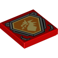 Lego Tile 2 x 2 with Bright Light Yellow Dragon Head on Orange Hexagonal Shield with Silver Border Print / Red