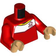 Lego Torso Soccer Shirt, White Top, Yellow Collar, Dice Logo / 'Yuki' print, Red Arms, Warm Tan Hands / Red