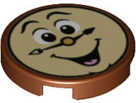 Lego Tile, Round 2 x 2 with Bottom Stud Holder with Laughing Tan Clock Face, Gold Nose, Black Hands, Open Mouth with Bright Pink Tongue Pattern (Cogsworth)
