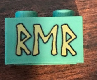 Lego Brick 1 x 2 with Gold Runes 'RMR' Pattern (Sticker) - Set 79018 / Sand Green