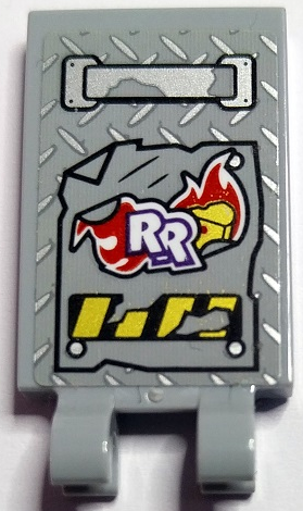 Lego Tile, Modified 2 x 3 with 2 Open O Clips with Silver Handle and Tread Plate, Red Flames, White 'RR' with Dark Purple Outline and Damaged Black and Yellow Danger Stripes Pattern (Sticker) - Set 70436 / Light Bluish Gray
