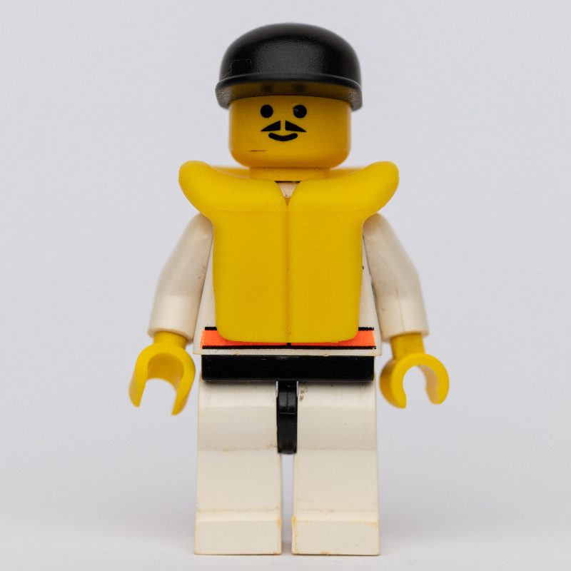 Lego Res-Q Man, Black Cap, Yellow Life Vest, Moustache