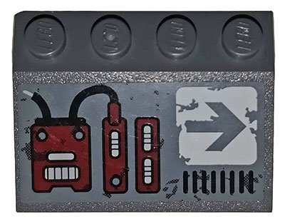 Lego Slope 33 3 x 4 with Dark Red Mechanical Panels and Dark Bluish Gray Arrow on White Background Pattern Model Right Side (Sticker) - Set 70009
