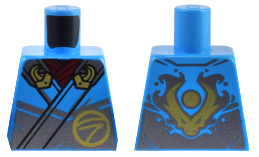 Lego Torso Robe Silver Straps, Gold Buckles, Ninjago Logogram Letter N and Dragon Head and Orb on Back Pattern / Dark Azure