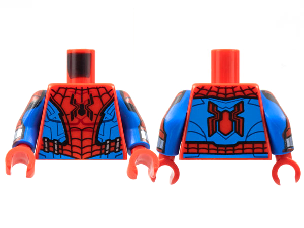 Lego Torso Armor, Center Panel with Black Spider and Webbing, Blue Side Panels Pattern / Blue Arms with Red Armor, Silver Cuff Pattern / Red Hands