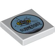 Lego Tile 2 x 2 with 'SUBMERGED', Submarine in Light Blue Circle Print / White