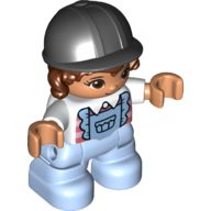Lego Duplo Figure Child with Hair and Riding Helmet Black, Bright Light Blue Legs, Frilly Shirt Print / White