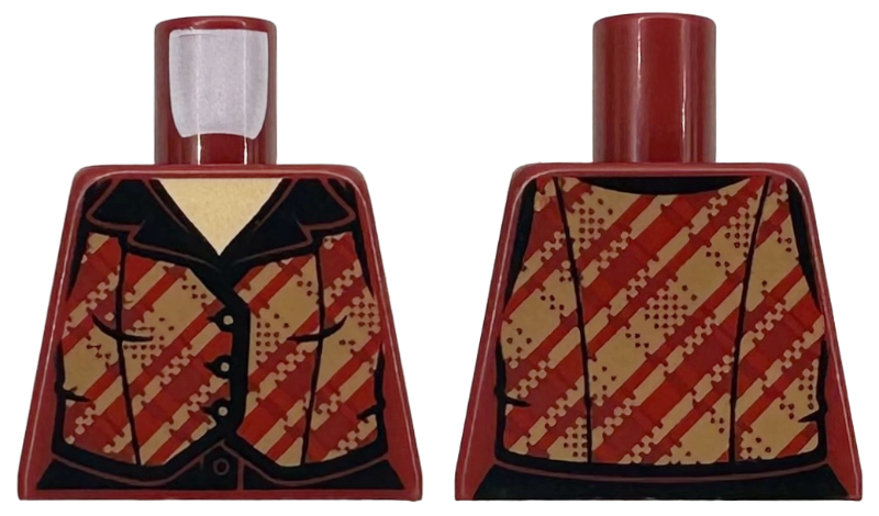 Lego Torso Female Dark Tan and Red Plaid Flannel Vest over Black Shirt Pattern
