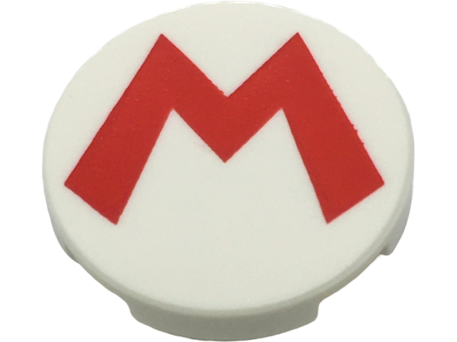 Lego Tile, Round 2 x 2 with Bottom Stud Holder with Super Mario Logo Red Capital Letter M Pattern / White