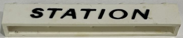 Lego Brick 1 x 8 without Bottom Tubes with Cross Side Supports with Black 'STATION' Italic Thin (Letters Wide) Pattern / White