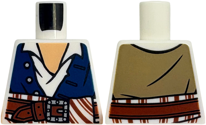 Lego Torso Open Shirt, Dark Blue Vest with Dark Tan Back, 3 Buttons, Medium Tan Neck, Reddish Brown Belt and Striped Sash, Silver Buckle Pattern / White