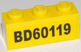 Lego Brick 1 x 3 with Black 'BD60119' on Yellow Background Pattern (Sticker) - Set 60119