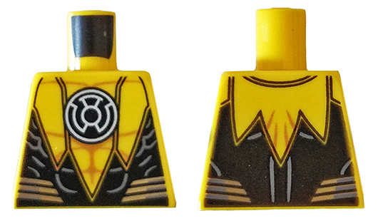 Lego Torso Super Hero Yellow Lantern Logo on Black Circle, Muscle Contours, Black Scalloped Panels, Silver Stripes Pattern