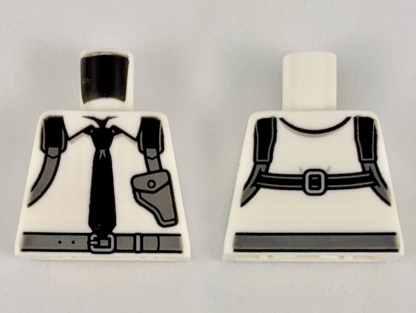 Lego Torso Shirt with Black Tie and Dark Bluish Gray Shoulder Holster Pattern / White
