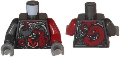 Lego Torso Ninjago Female Armor with Clock and Dark Red Snakes Pattern / Dark Red Arm Left / Pearl Dark Gray Arm Right / Dark Bluish Gray Hands