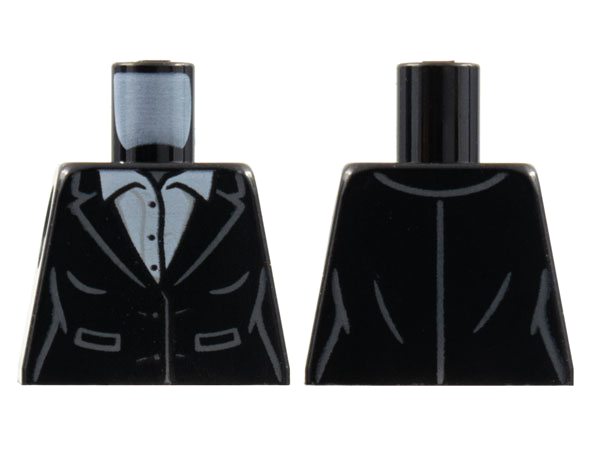 Lego Torso Female Suit Jacket with Pockets over White Button Up Shirt with Collar, Dark Bluish Gray Neck Pattern / Black