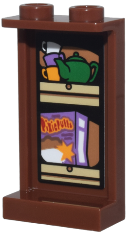 Lego Panel 1 x 2 x 3 with Side Supports - Hollow Studs with Tan Kitchen Cupboard, Green Teapot, Bright Light Orange and White Cups, and Medium Lavender Box of 'Pixie Puffs' Pattern (Sticker) - Set 76437 / Reddish Brown