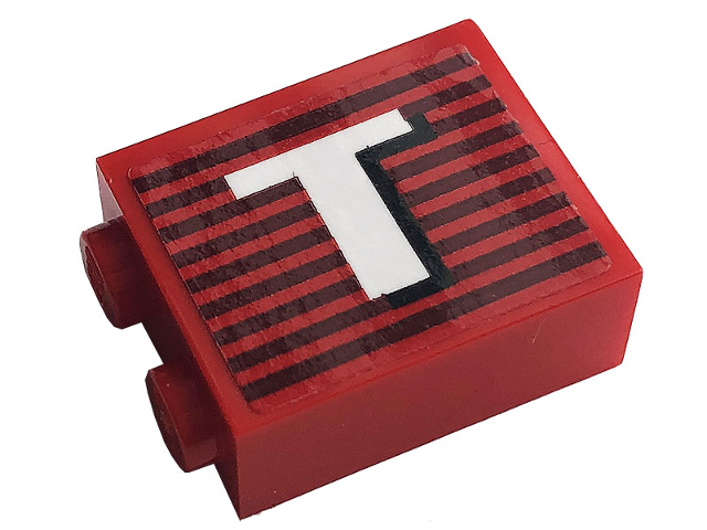 Lego Brick 1 x 2 x 2 with Inside Stud Holder with Gray Stripes and White Capital Letter T Pattern Model Left Side (Sticker) - Set 10272 / Red