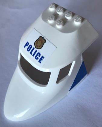Lego Aircraft Fuselage Forward Top Curved 6 x 10 x 4 with 3 Window Panes with 'POLICE' and Badge on Top and Blue Triangle Pattern on Both Sides (Stickers) - Set 60138 / White
