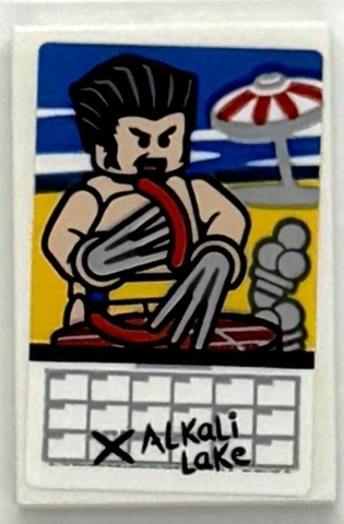 Lego Tile 2 x 3 with Calendar Page, 'Alkali Lake' and Photo of Wolverine Minifigure at the Beach Pattern (Sticker) - Set 76294 / White