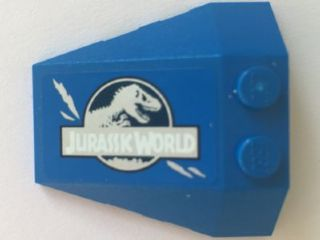 Lego Wedge 4 x 4 Triple with Stud Notches with Jurassic World Logo and Claw Scratch Marks on Blue Background Pattern Model Right Side (Sticker) - Set 75915