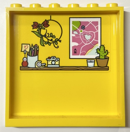 Lego Panel 1 x 6 x 5 with Medium Nougat Shelf with Pencil Pot, Camera, Tape Dispenser, Candle, Potted Cactus, Heartlake City Wall Map and Hanging Red Flowers Pattern (Sticker) - Set 41704