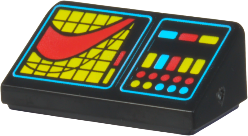 Lego Slope 30 1 x 2 x 2/3 with Control Panel with Medium Azure, Red and Yellow Buttons, Lights and Graph on Grid Pattern