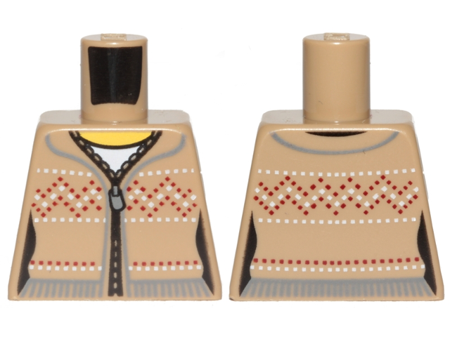 Lego Torso Female Knit Fair Isle Sweater with Zigzag Stitching, Zipper, Yellow Neck Pattern / Dark Tan