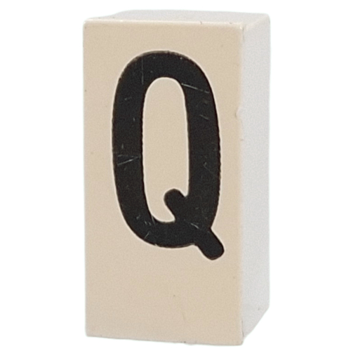 Lego Tile Special 1 x 2 x 5/6 with Stud Hole in End with 'Q' Print / White