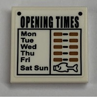 Lego Tile 2 x 2 with 'OPENING TIMES' Pattern (Sticker) - Set 21310 / White