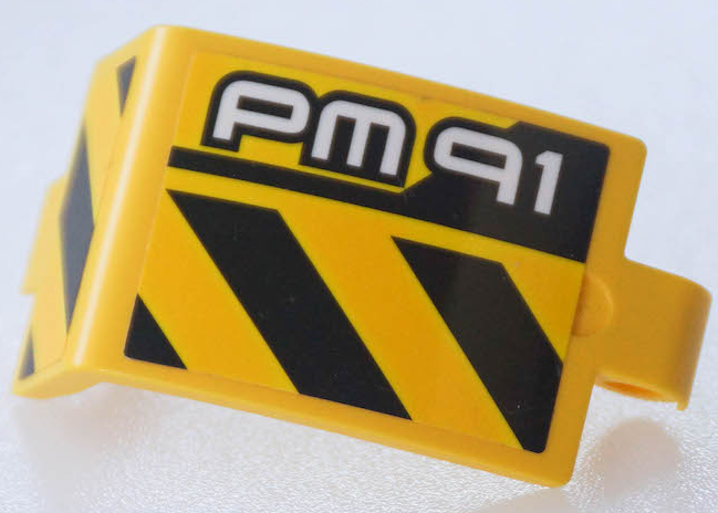 Lego Technic, Panel Curved 3 x 5 x 3 with 'PM91' and Black and Yellow Danger Stripes Pattern Model Right Side (Stickers) - Set 42049 / Yellow