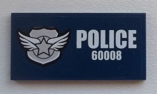 Lego Tile 2 x 4 with Silver Star Badge and White 'POLICE 60008' on Dark Blue Background Pattern (Sticker) - Set 60008