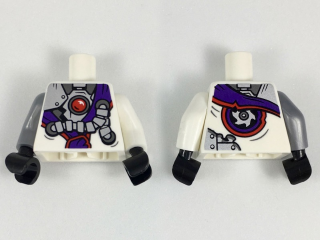 Lego Torso Ninjago Robe with Purple Sash with Knot, Mechanical Parts and Silver Saw Blade Pattern / White Arm Left / Flat Silver Arm Right / Black Hands