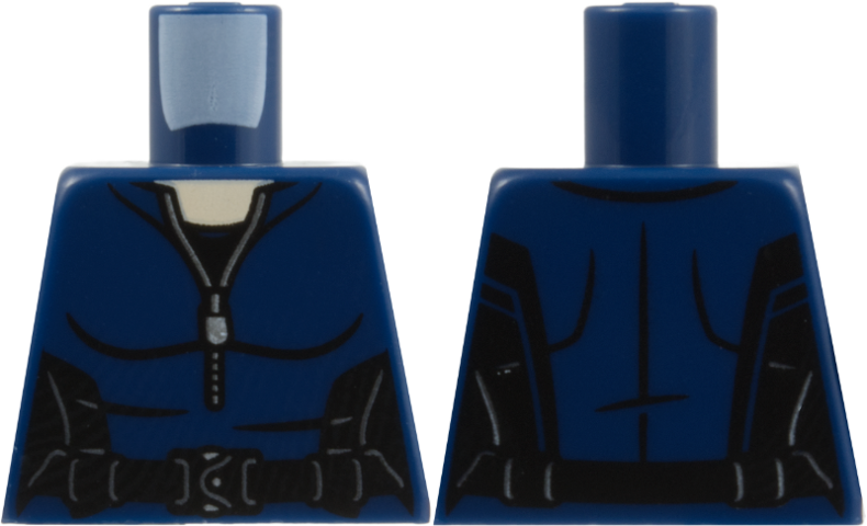 Lego Torso Armor Female Suit with Silver Zipper, Highlights, and Belt Buckle, Black Shirt and Side Panels, Light Nougat Neck Pattern / Dark Blue