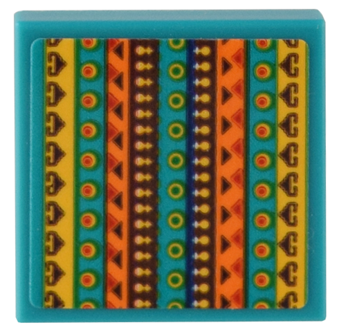 Lego Tile 2 x 2 with Blanket with Bright Light Orange, Orange, Reddish Brown, and Dark Turquoise Geometric Pattern (Sticker) - Set 40583 / Dark Turquoise