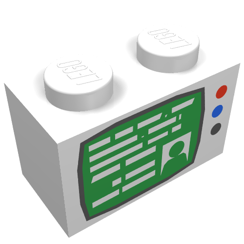 Lego Brick 1 x 2 with TV Screen and 3 Buttons Print / White