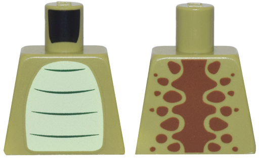 Lego Torso Yellowish Green Stomach, Dark Green Stripes, and Reddish Brown Dinosaur Spine and Spots Pattern / Olive Green