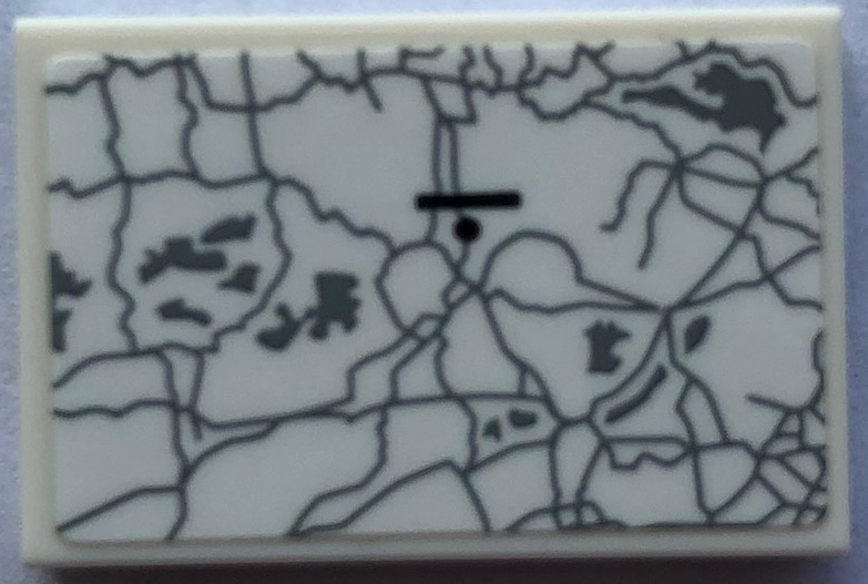 Lego Tile 2 x 3 with Light Bluish Gray Map with Black Line and Dot Pattern (Sticker) - Set 21336 / White
