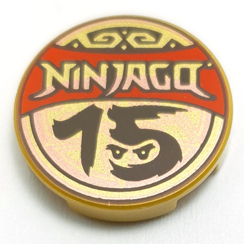Lego Tile Round 2 x 2 with NINJAGO on Red Banner, Black '15' with Face Print / Pearl Gold