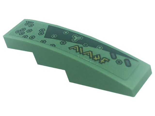 Lego Slope, Curved 4 x 1 with Dark Green Triangle, Hexagons and Gold Ninjago Logogram 'L71745' Pattern Model Left Side (Sticker) - Set 71745