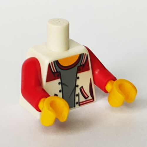 Lego Torso Letterman Jacket, Open over Gray Top with Red Collar Print [No Back Print], Red Arms, Yellow Hands / White
