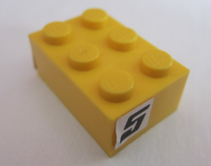 Lego Brick 2 x 3 with Black Number 5 on White Background Pattern on Both Sides (Stickers) - Set 8681 / Yellow