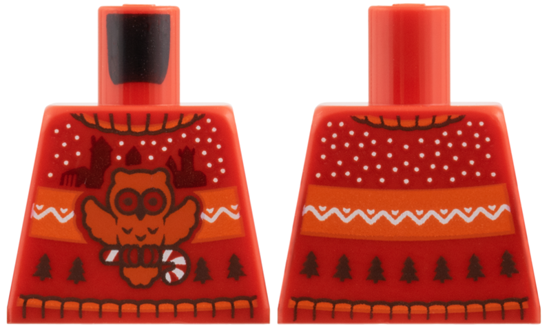 Lego Torso Knit Fair Isle Holiday Sweater with Dark Orange Owl with Candy Cane, Castle Silhouettes and Christmas Trees Pattern / Red