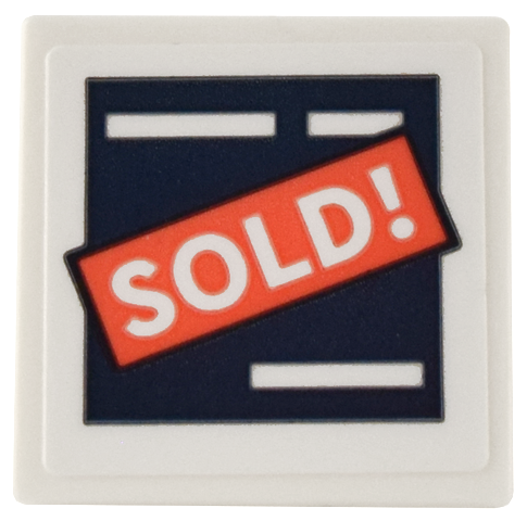 Lego Road Sign 2 x 2 Square with Open O Clip with Dark Blue and Coral Sign and White 'SOLD!' Pattern (Sticker) - Set 41732 / White