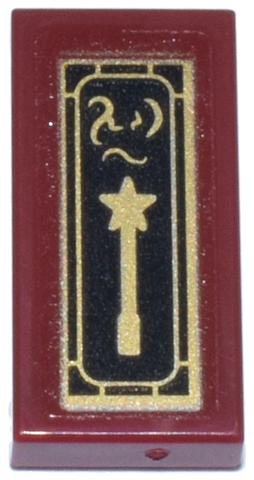Lego Tile 1 x 2 with Book with Gold and Black Rectangle Frame and Star Magic Wand Pattern (Sticker) - Set 76218 / Dark Red