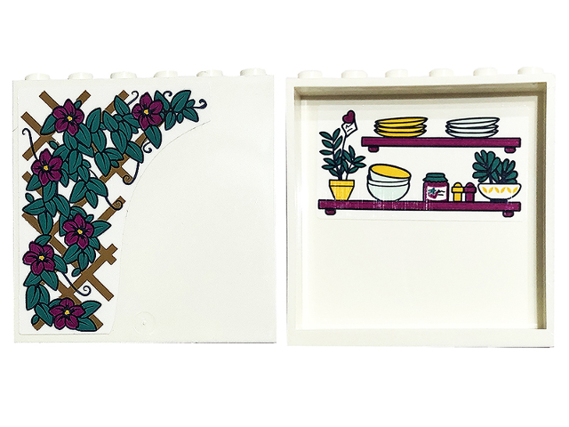 Lego Panel 1 x 6 x 5 with Magenta Flowers and Dark Turquoise Leaves on Outside and Shelves with Plates, Bowls and Plants on Inside Pattern (Stickers) - Set 41449 / White