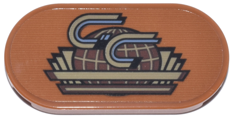 Lego Tile, Round 2 x 4 Oval with Dark Tan, Reddish Brown, and Sand Blue 'GC' GothCorp Globe Logo Pattern (Sticker) - Set 76271
