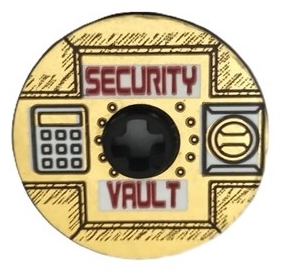 Lego Technic, Disk 3 x 3 with Dark Red 'SECURITY VAULT' on Gold Background Pattern (Sticker) - Set 8107 / Black